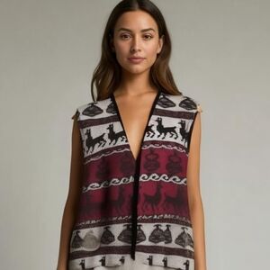 𝅺vintage Woven Southwestern Red Black & White Llamas Sleeveless Vest Size Large